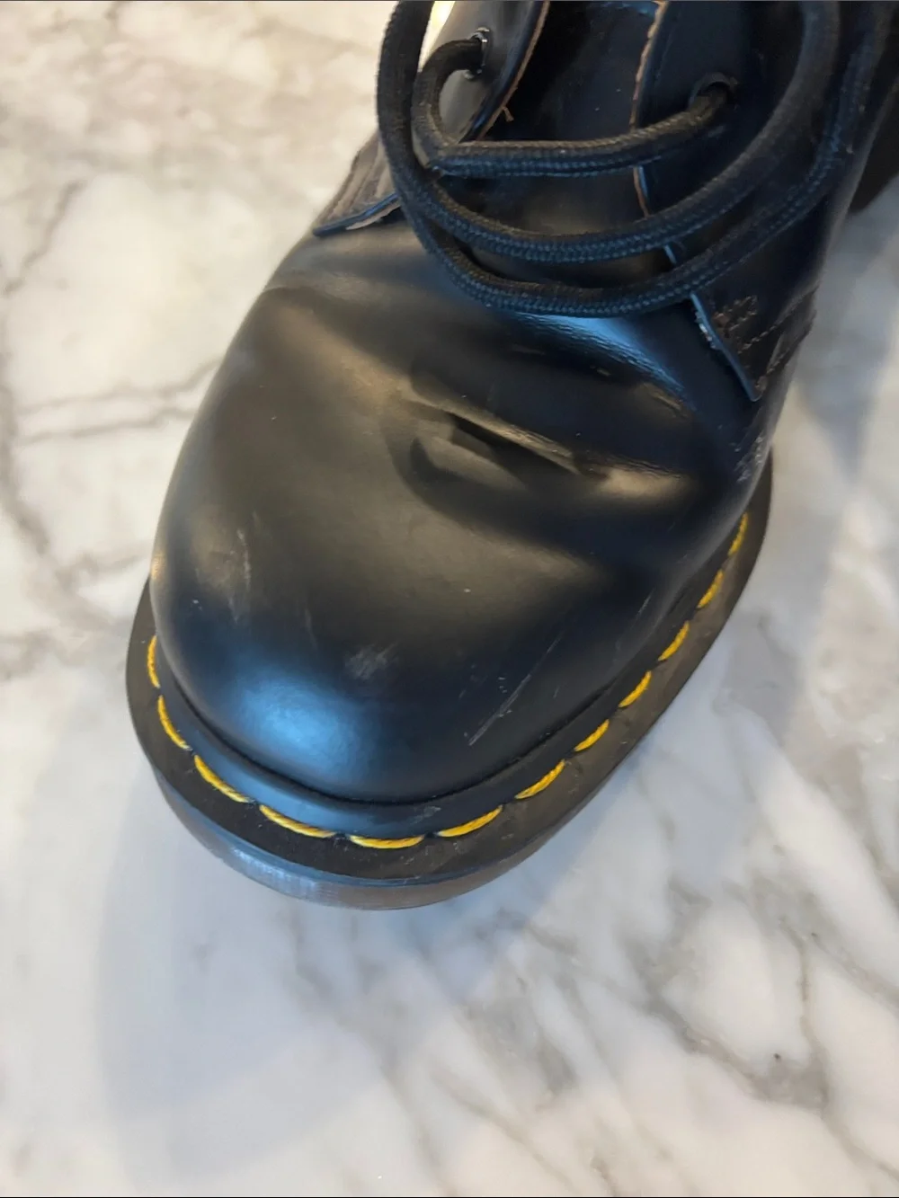 Dr. Martens Black Leather 3-Eye Derby Shoes with Yellow Stitching